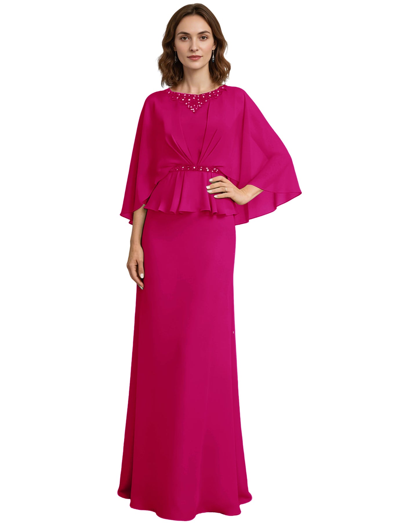 Capelet Mother of the Bride Dress Long Beaded Neck Peplum Chiffon Formal Gown