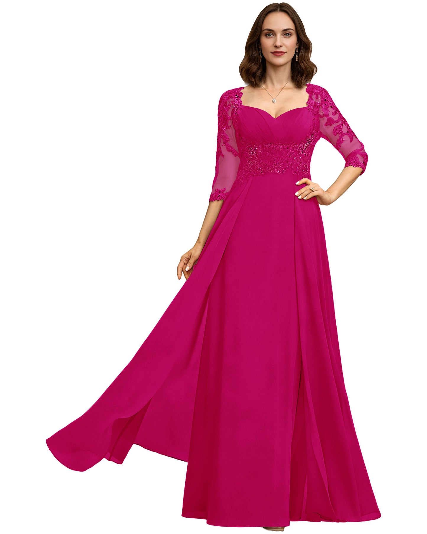 Long Sweetheart Mother of the Bride Dress Lace 3/4 Sleeve Chiffon A-Line Gown