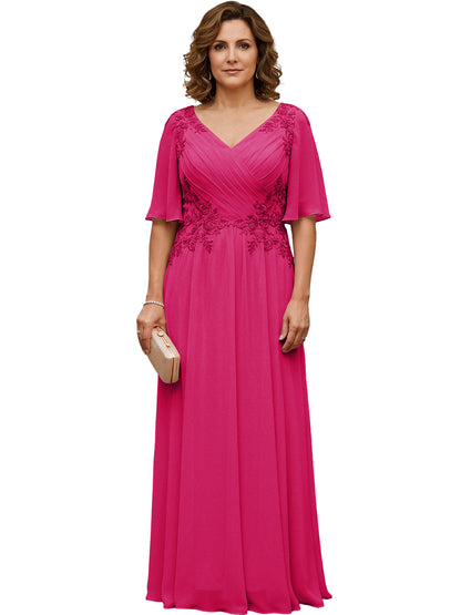 Mother of the Bride Dress Long Chiffon A-Line Gown with Flutter Sleeves and Beaded Lace
