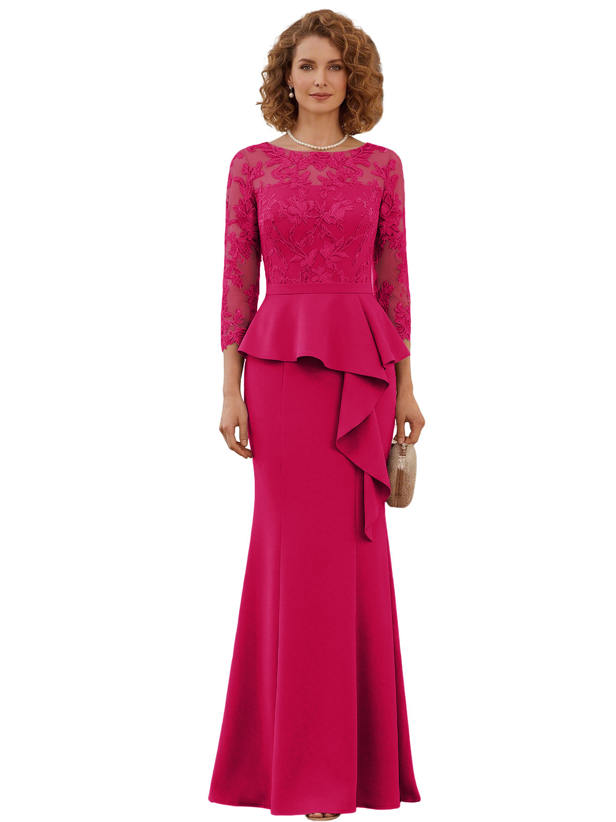 Long Mother of the Bride Dress Lace Illusion Bodice Peplum Mermaid Formal Evening Gown