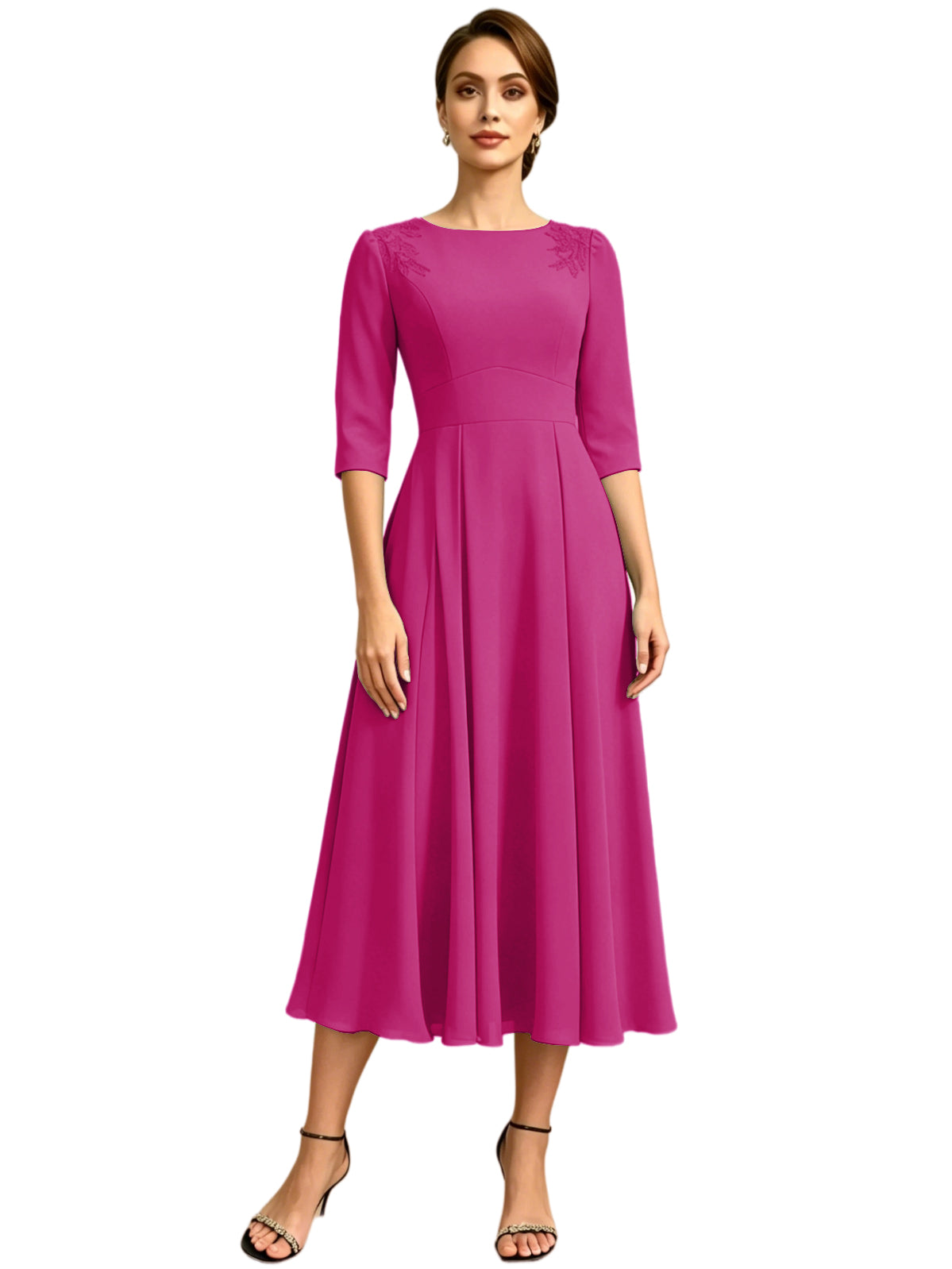 Tea Length Mother of the Bride Dress Jewel Neck Chiffon A-Line Formal Gown with Embroidery