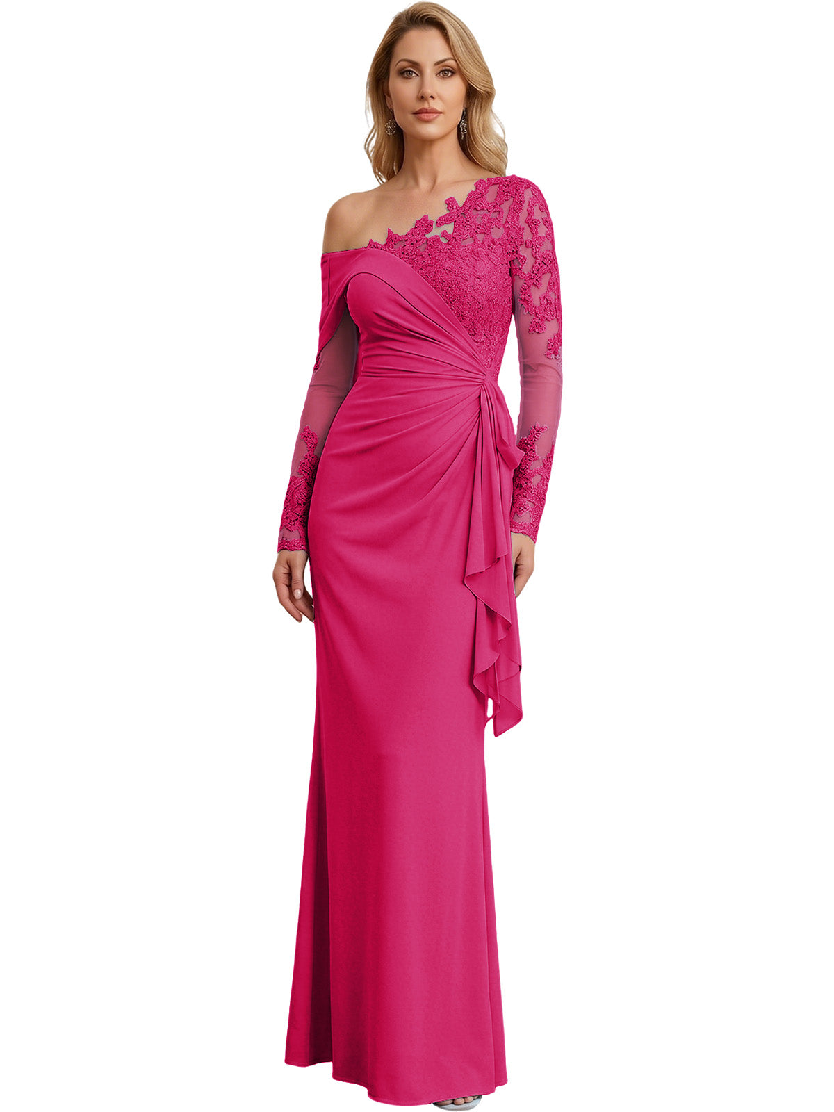 One Shoulder Mother of the Bride Gown Long Lace Sleeve Mermaid Dress with Draped Ruffle