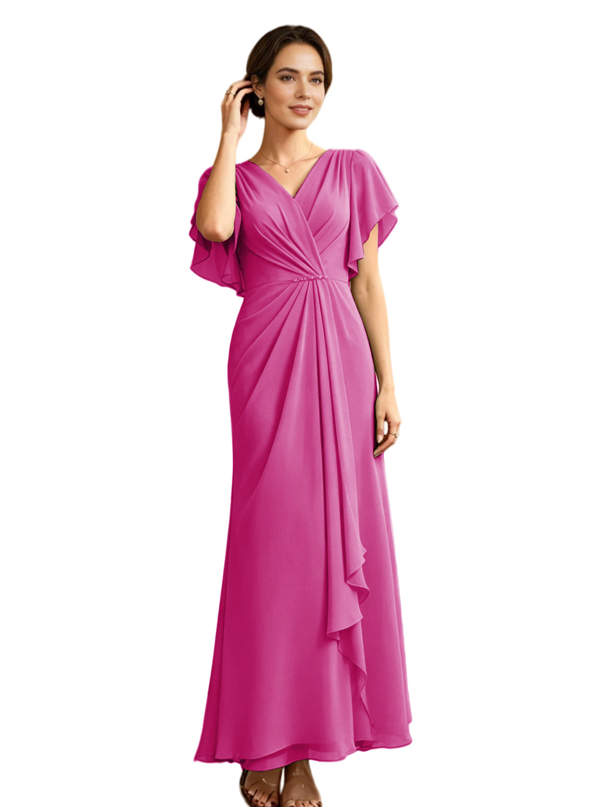 Long Chiffon Mother of the Bride Dress V-Neck Flutter Sleeve A-Line Gown with Beaded Waist