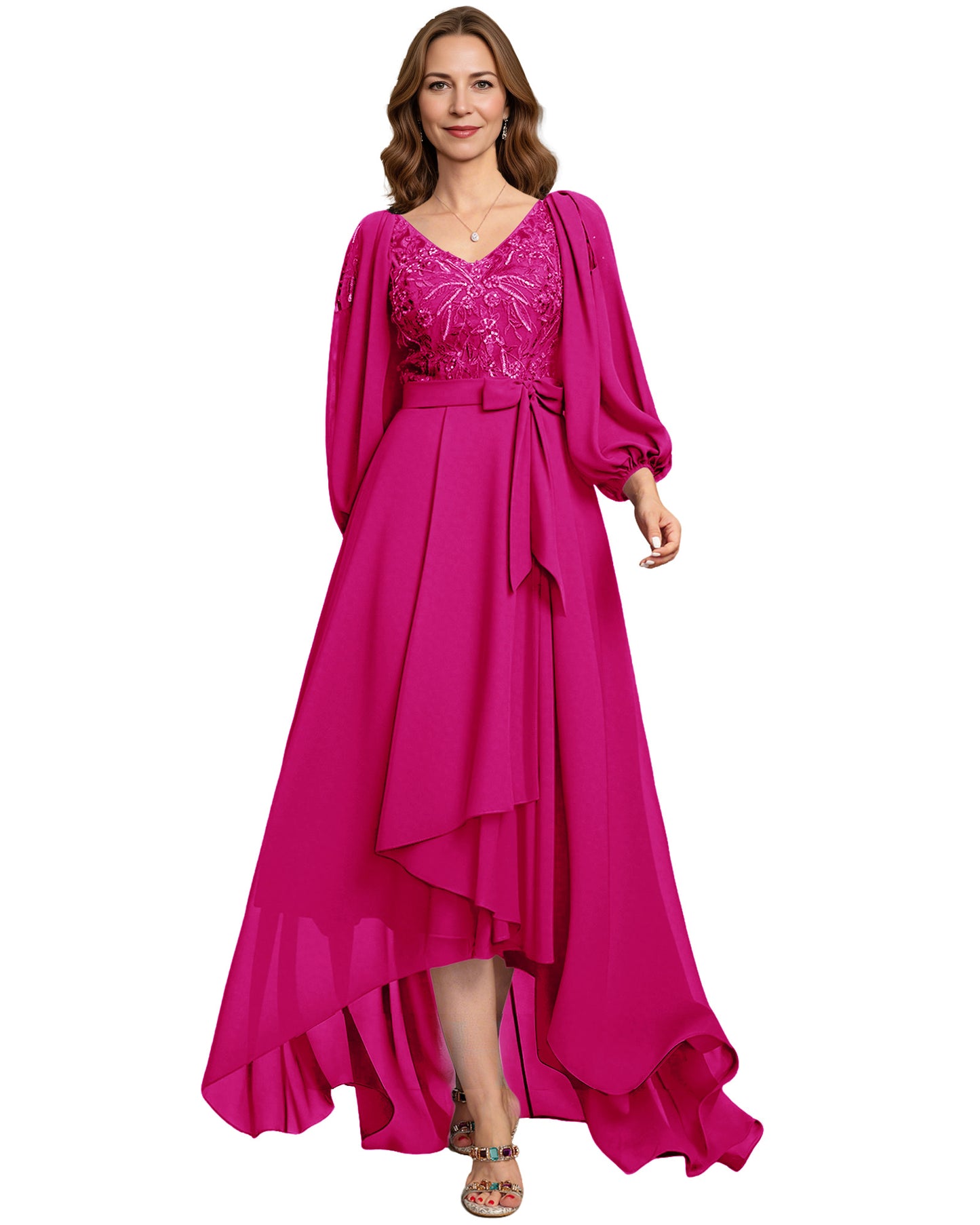 High Low Mother of the Bride Dress Lace Bodice Chiffon Jacket Formal Wedding Gown