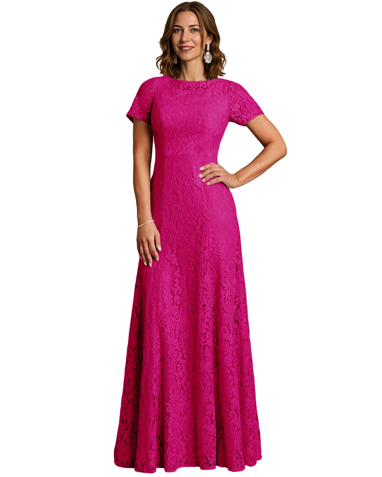Long Lace Mother of the Bride Dress Short Sleeve Mermaid Gown with Crew Neckline