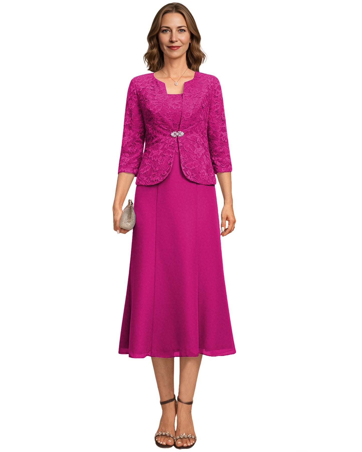 Tea Length Mother of the Bride Dress Lace Jacket Chiffon A-Line Wedding Guest Outfit