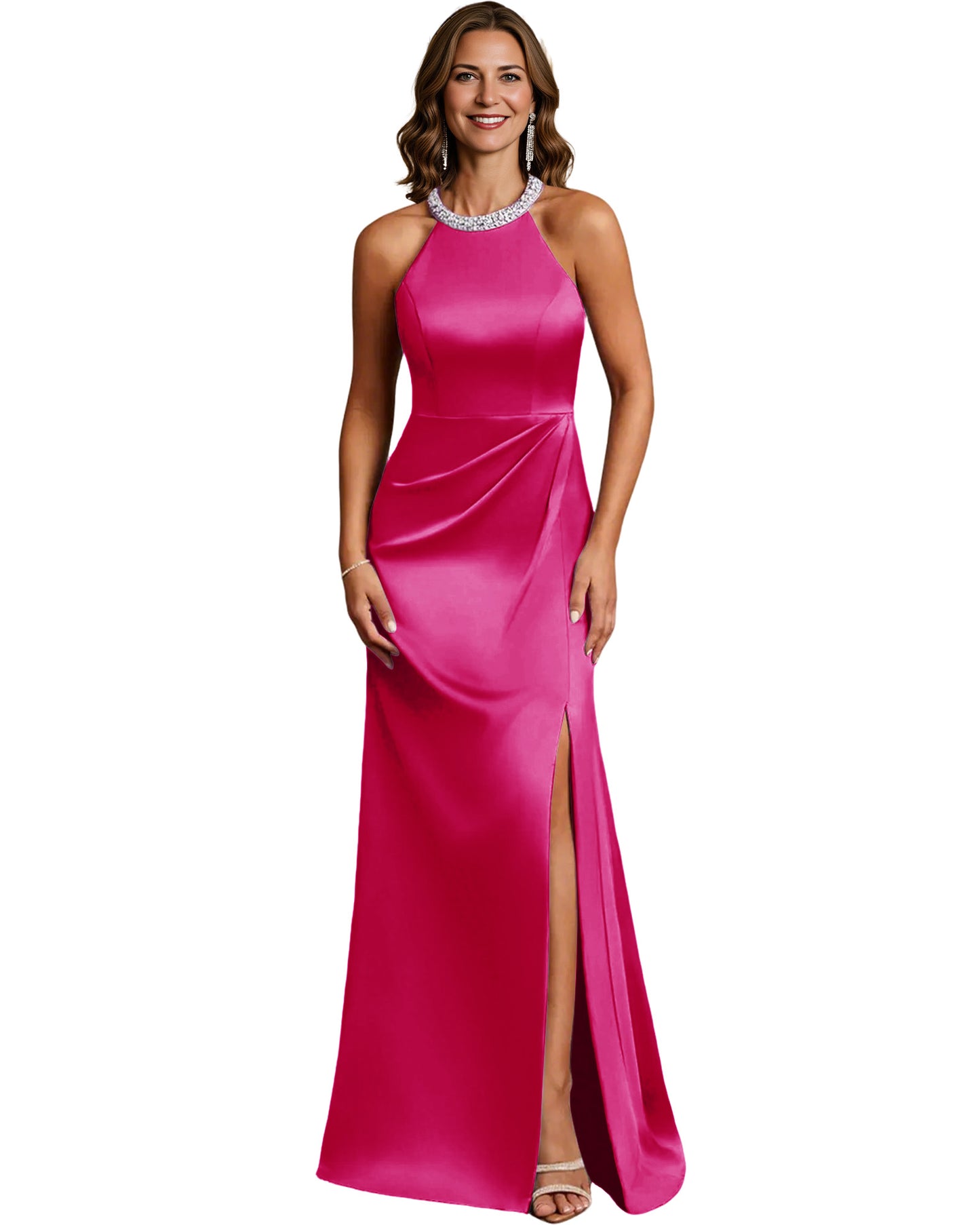 Halter Neck Mother of the Bride Dress Satin Mermaid Gown with Beaded Collar and Slit