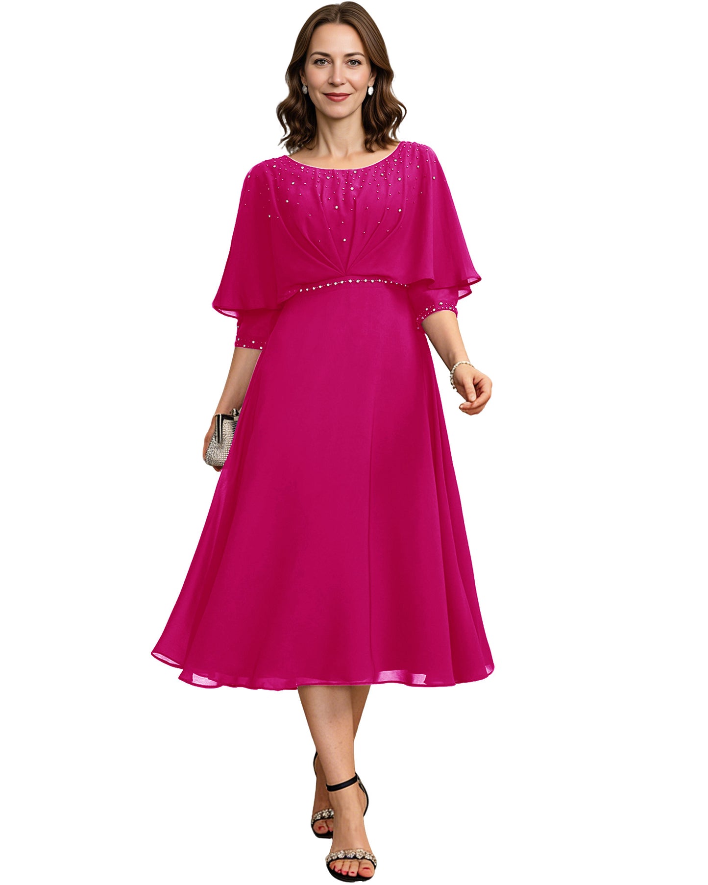 Beaded Cape Mother of the Bride Dress Tea Length Chiffon A-Line Formal Guest Gown