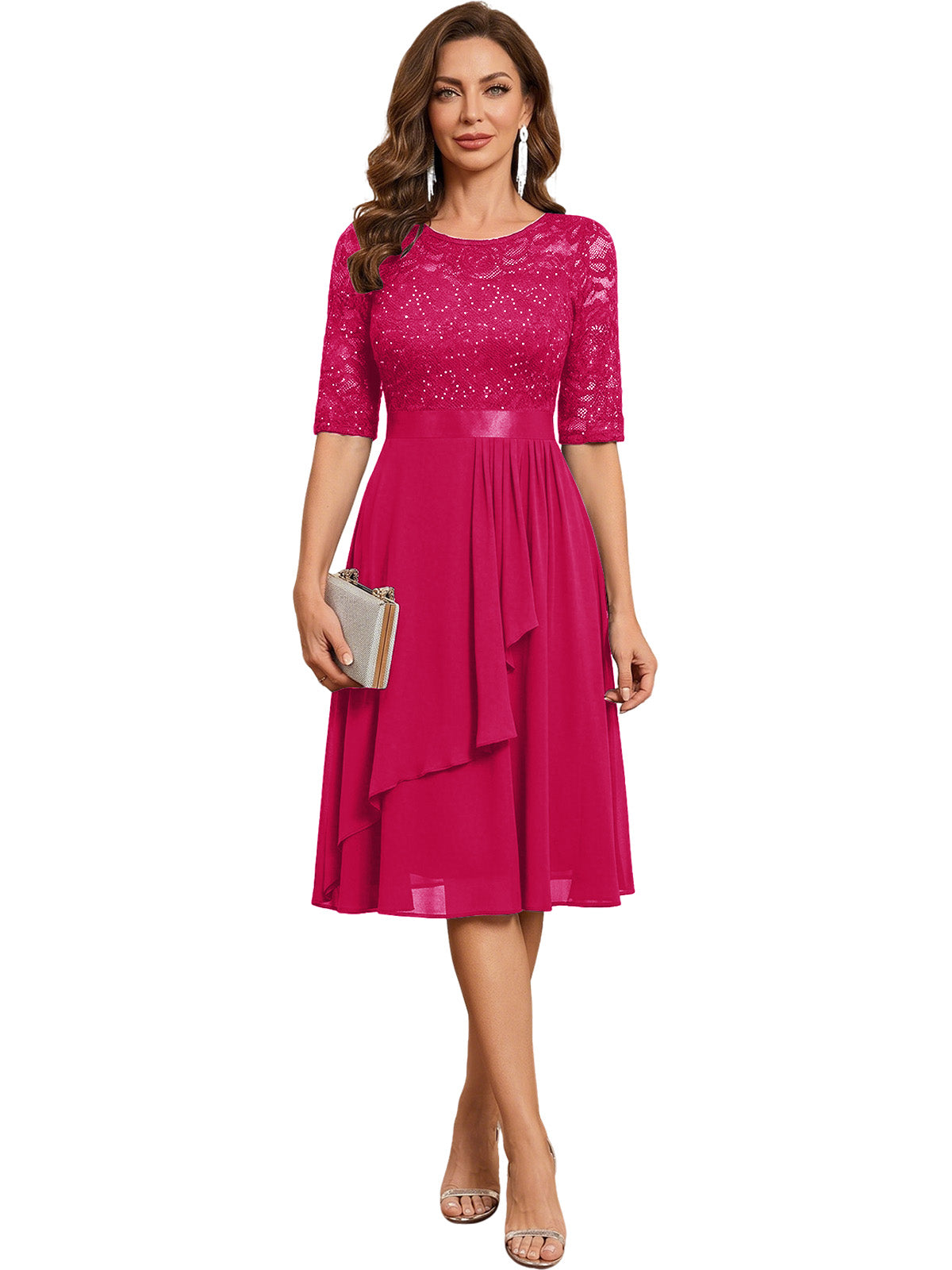 Knee Length Mother of the Bride Dress Sequined Lace Bodice Chiffon Skirt Formal Guest Outfit