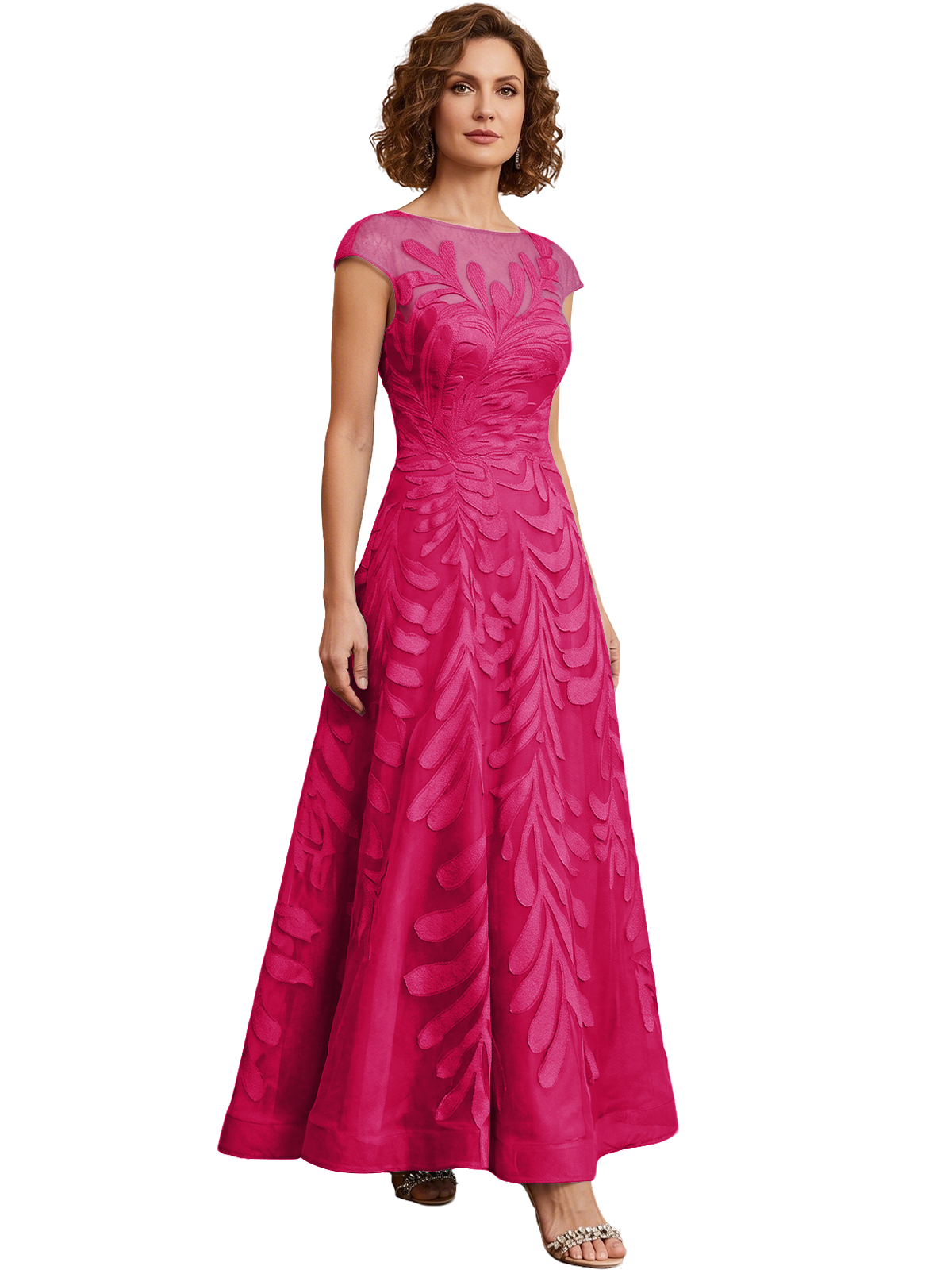Embroidered Tulle Mother of the Bride Dress Long A-Line Gown with Illusion Cap Sleeves