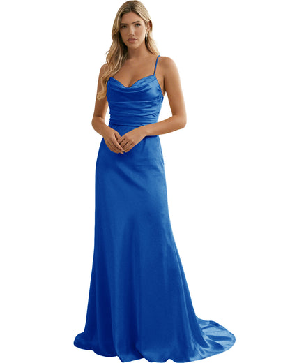 Spaghetti Straps Ruched Satin Floor Length Bridesmaid Dress