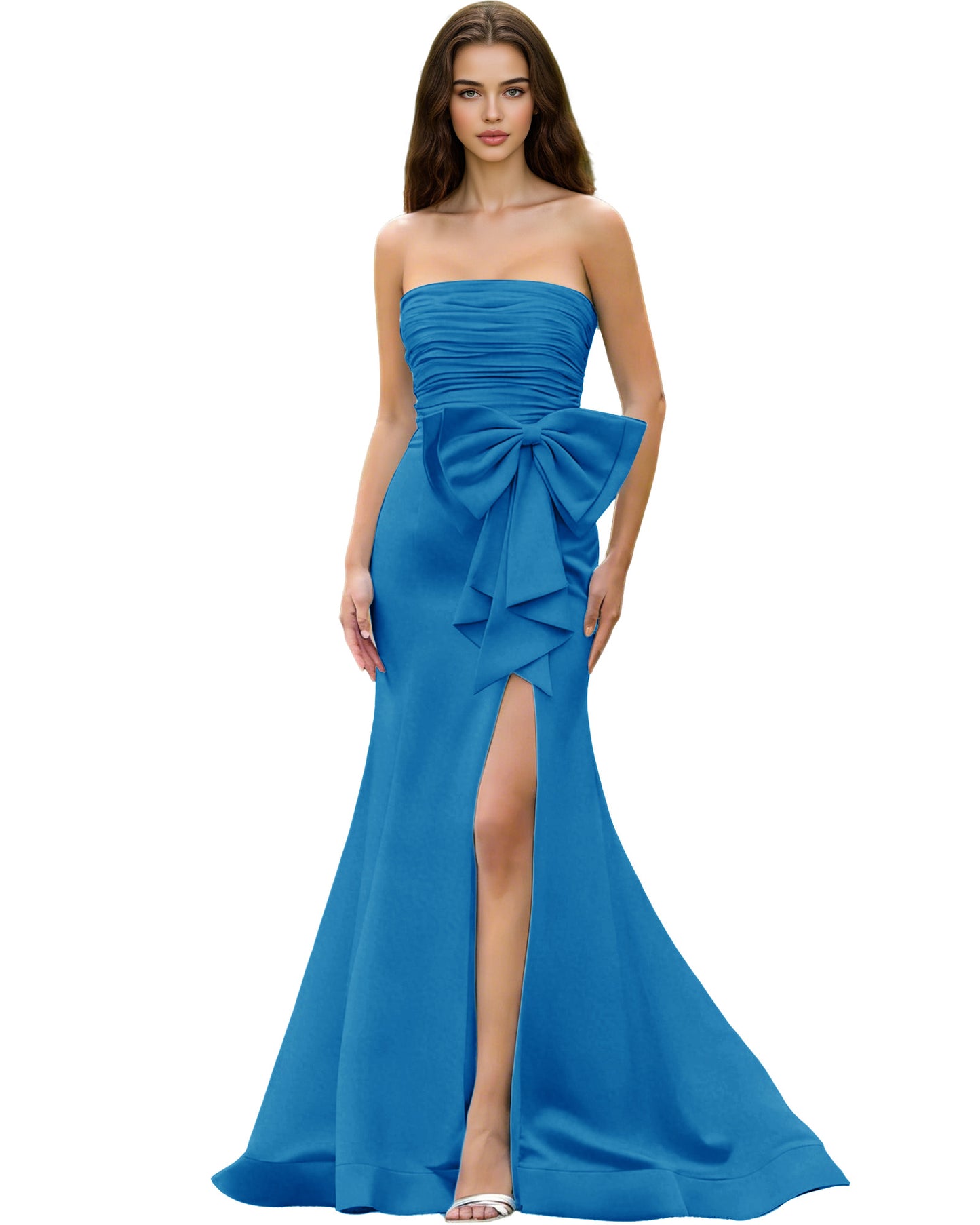 Strapless Bow Detail Satin Prom Dress with Ruched Bodice and Slit