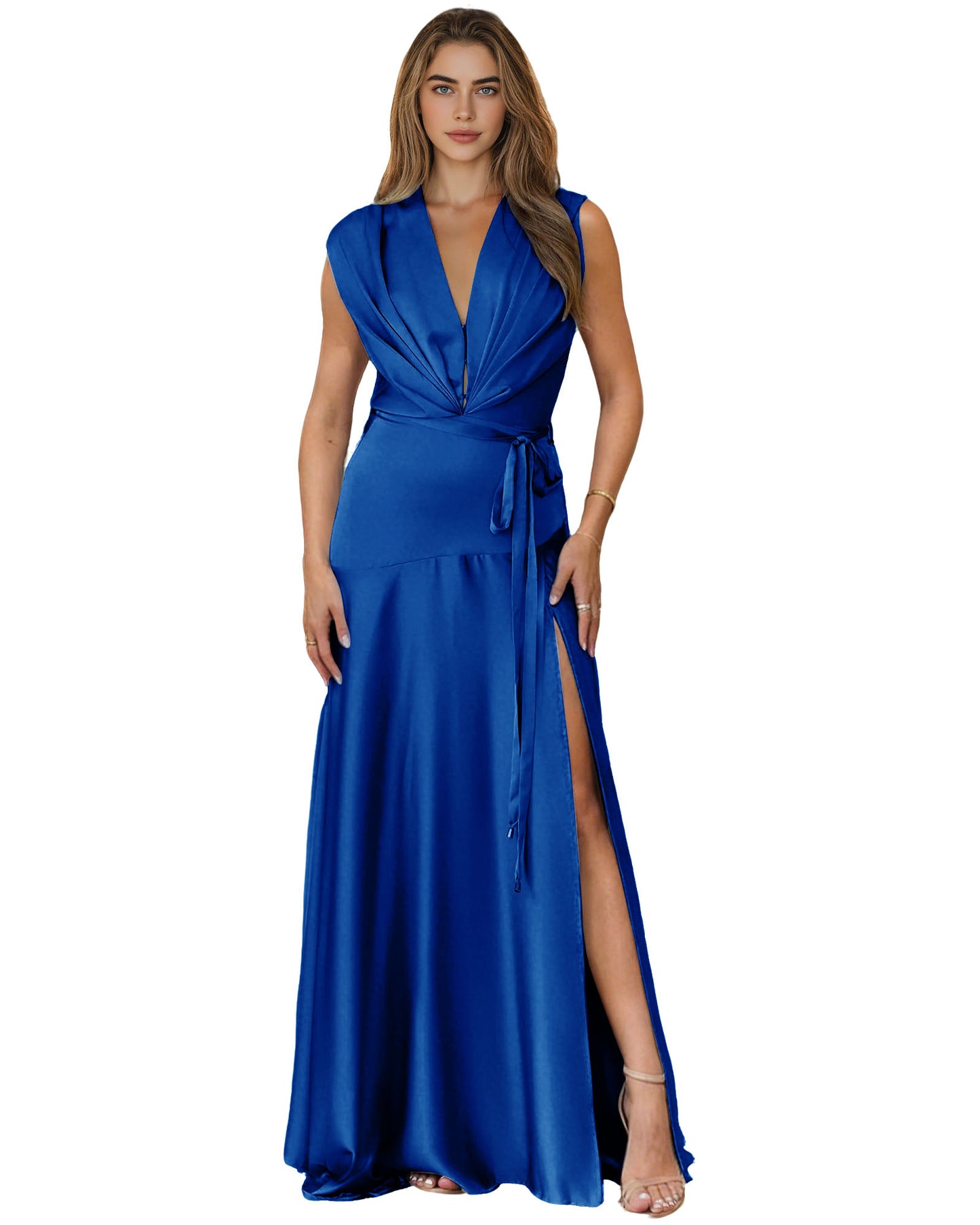 Plunging V-Neck Satin A-Line Prom Dress with Wrap Waist and Slit