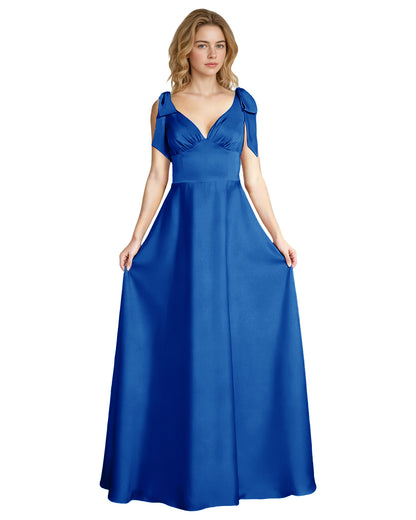 V-Neck Bow Strap Satin Bridesmaid Dress with Empire Waist