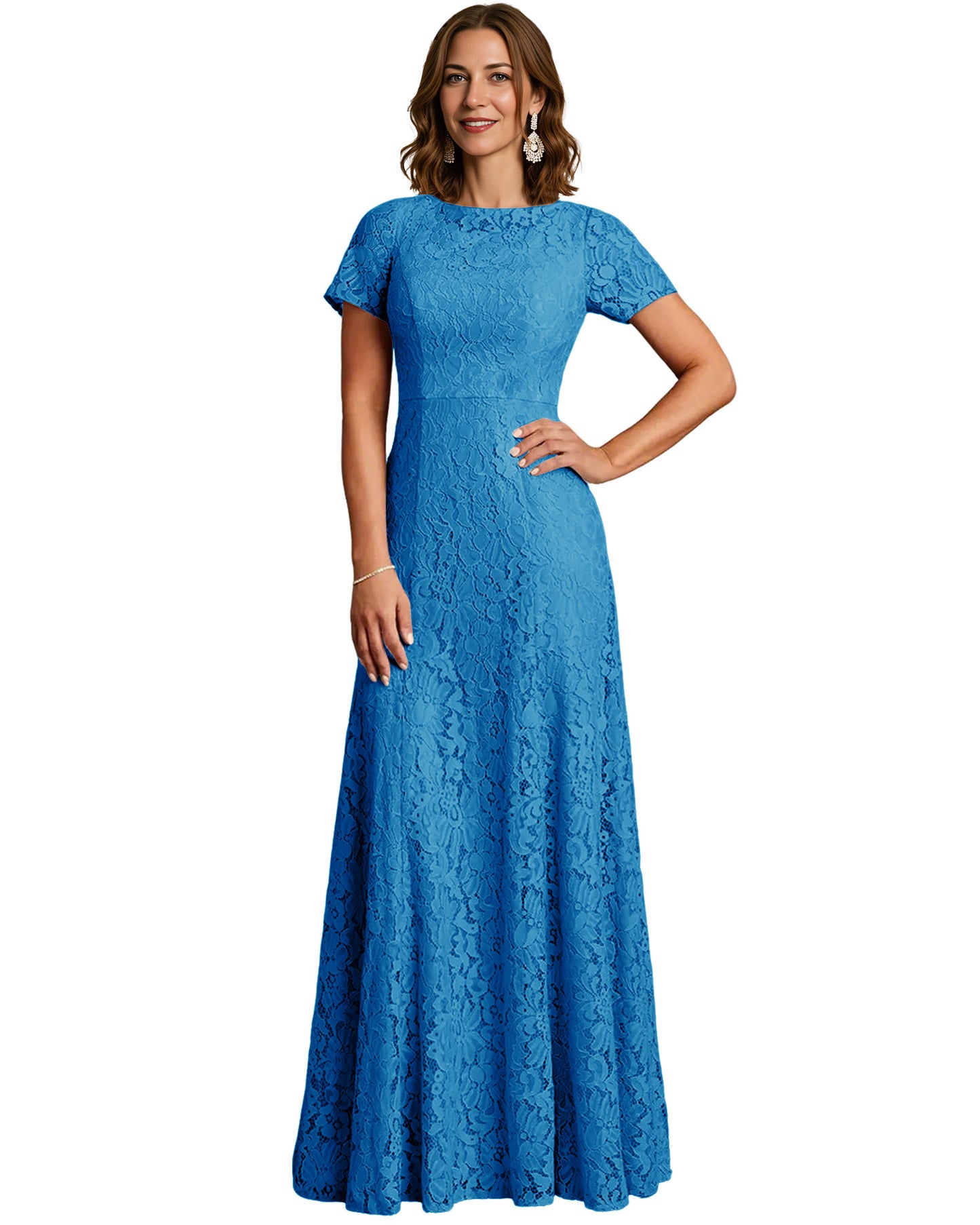 Long Lace Mother of the Bride Dress Short Sleeve Mermaid Gown with Crew Neckline