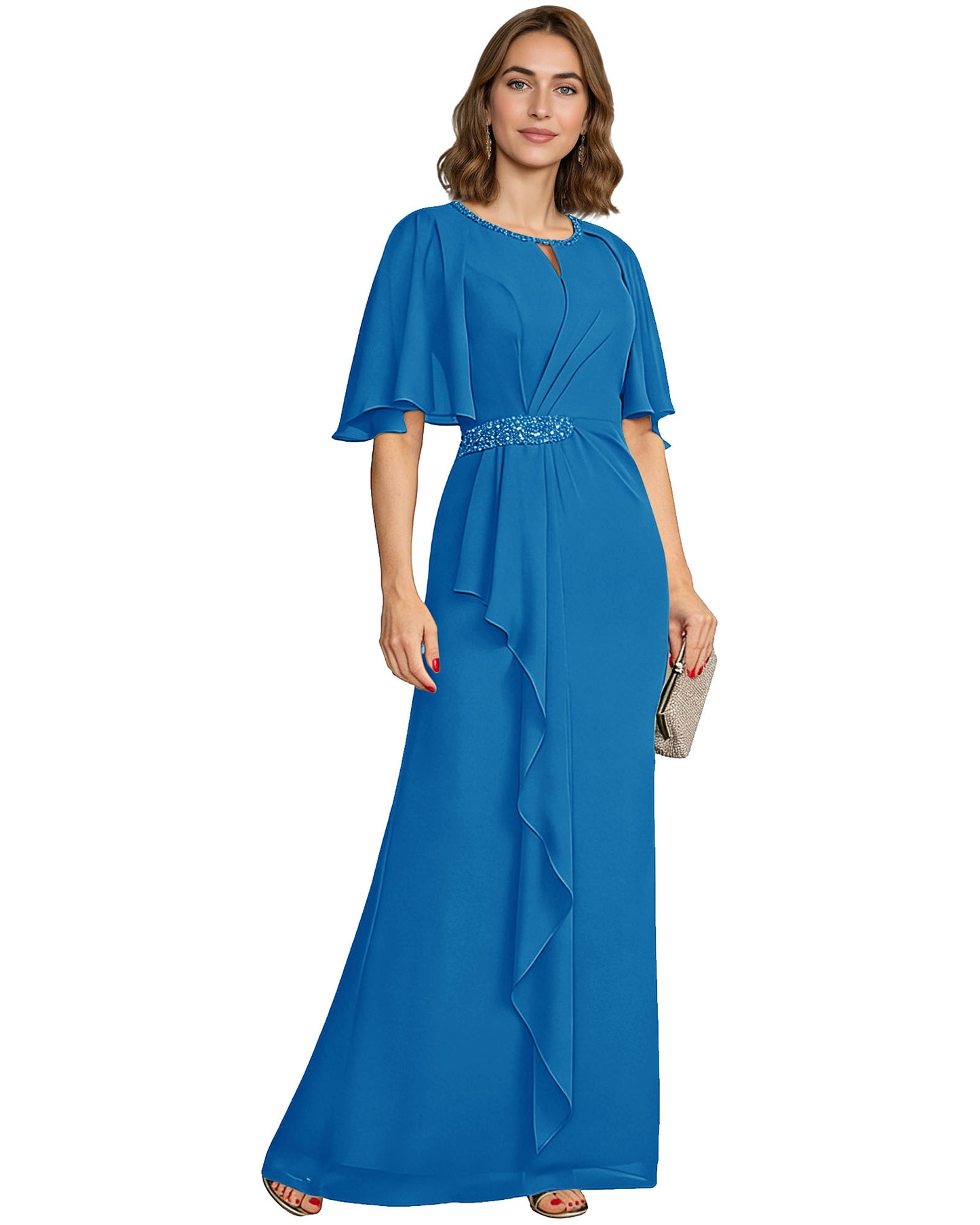 Long Mother of the Bride Dress Chiffon Flutter Sleeve Beaded Waist Formal A-Line Gown