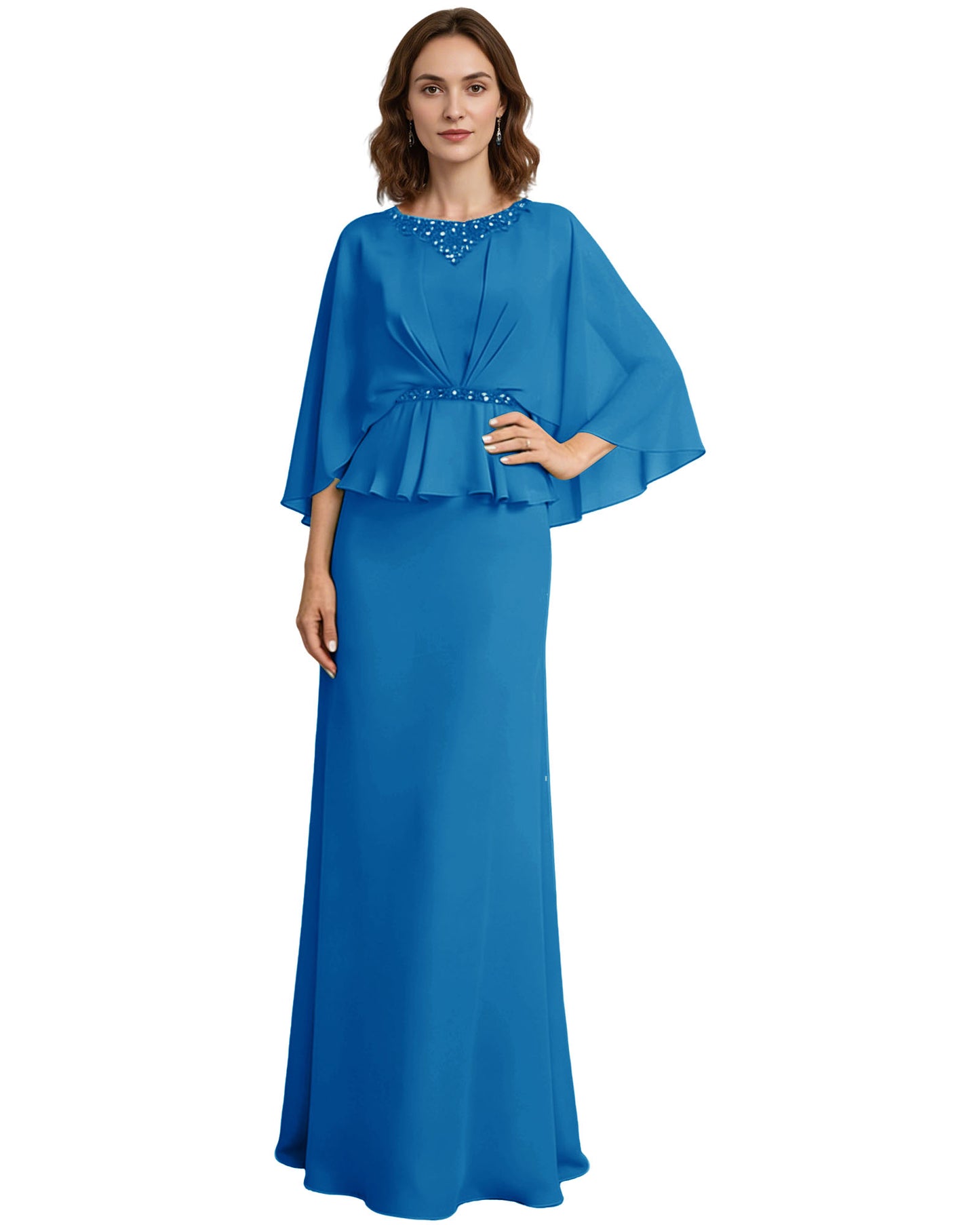 Capelet Mother of the Bride Dress Long Beaded Neck Peplum Chiffon Formal Gown