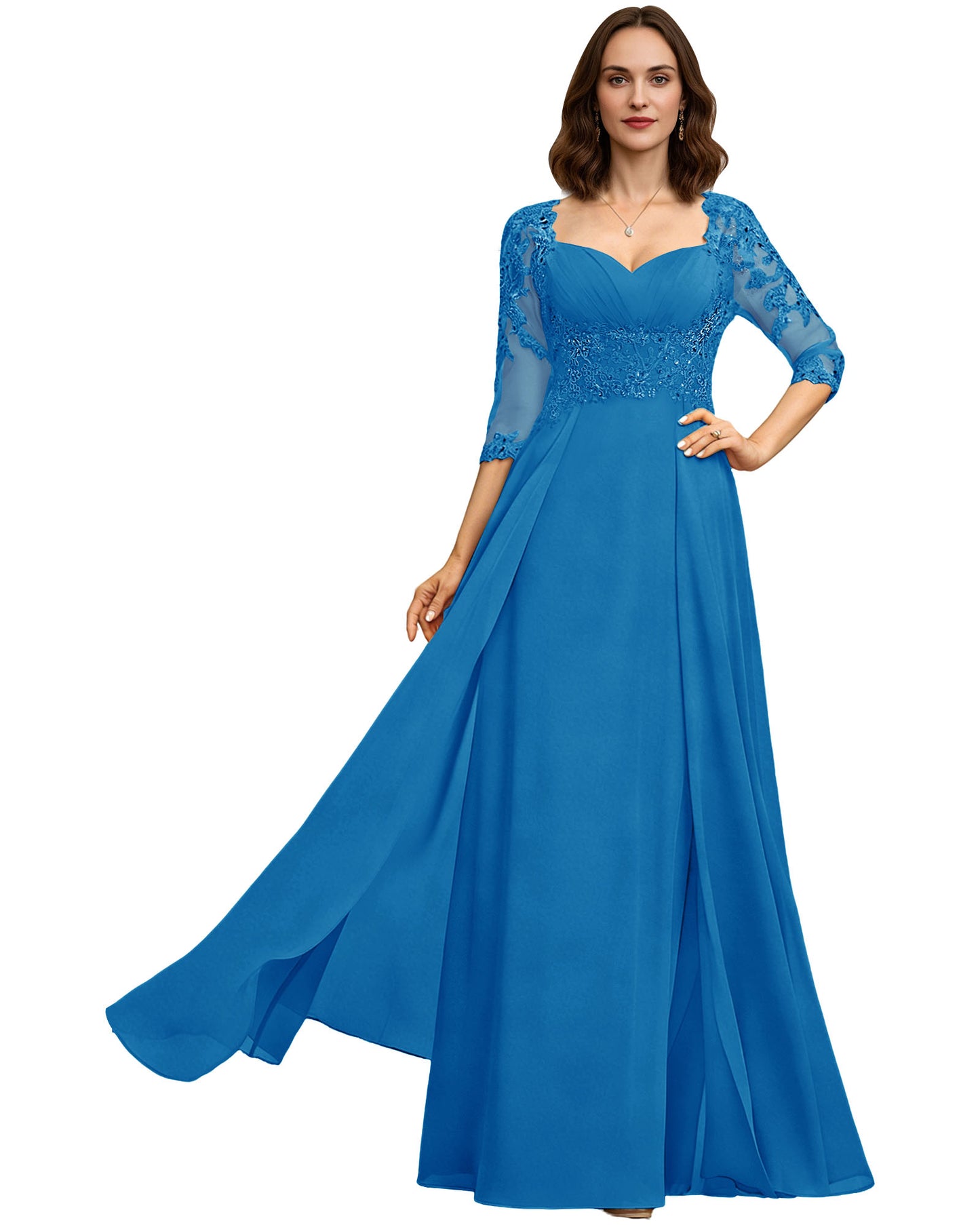 Long Sweetheart Mother of the Bride Dress Lace 3/4 Sleeve Chiffon A-Line Gown