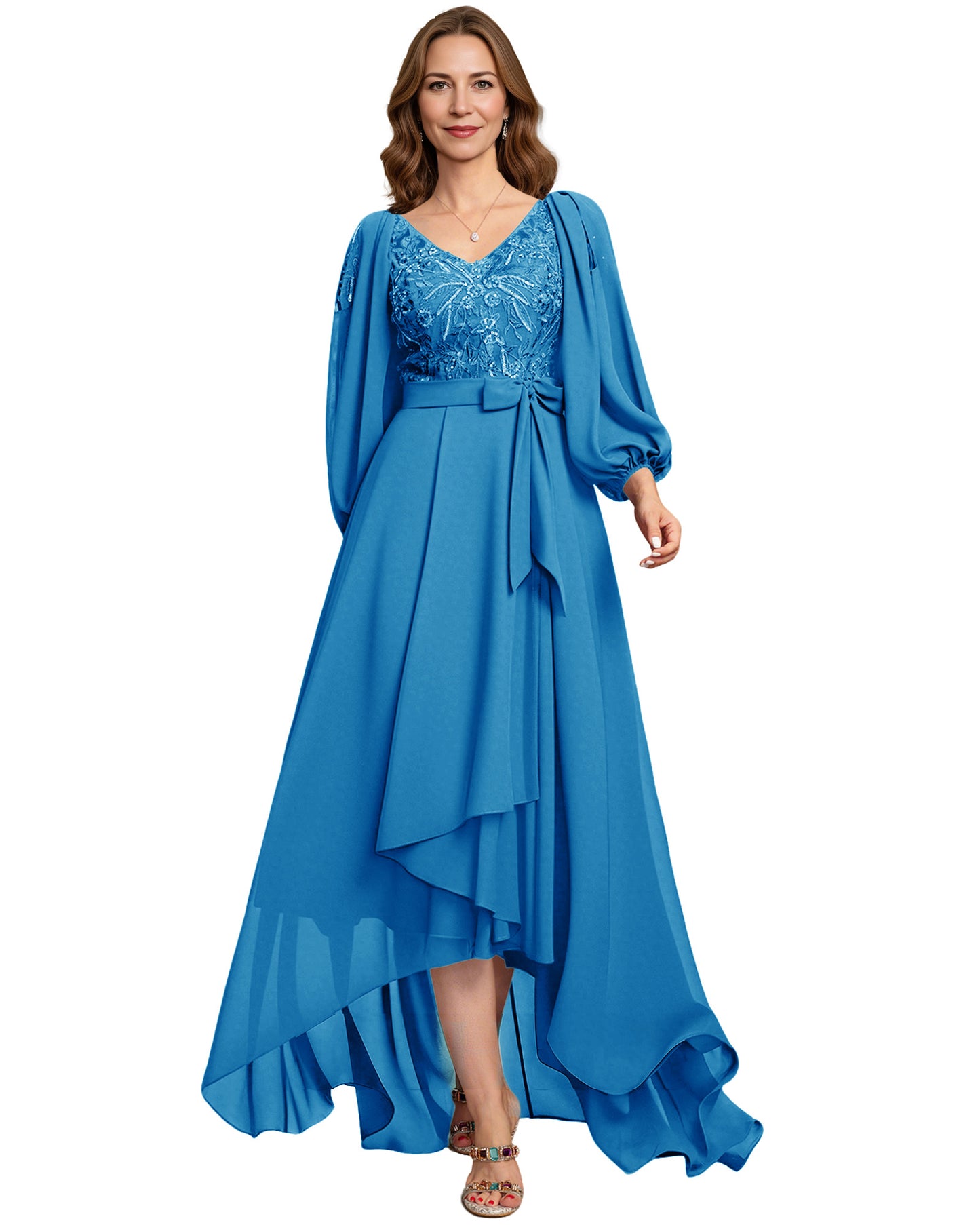 High Low Mother of the Bride Dress Lace Bodice Chiffon Jacket Formal Wedding Gown