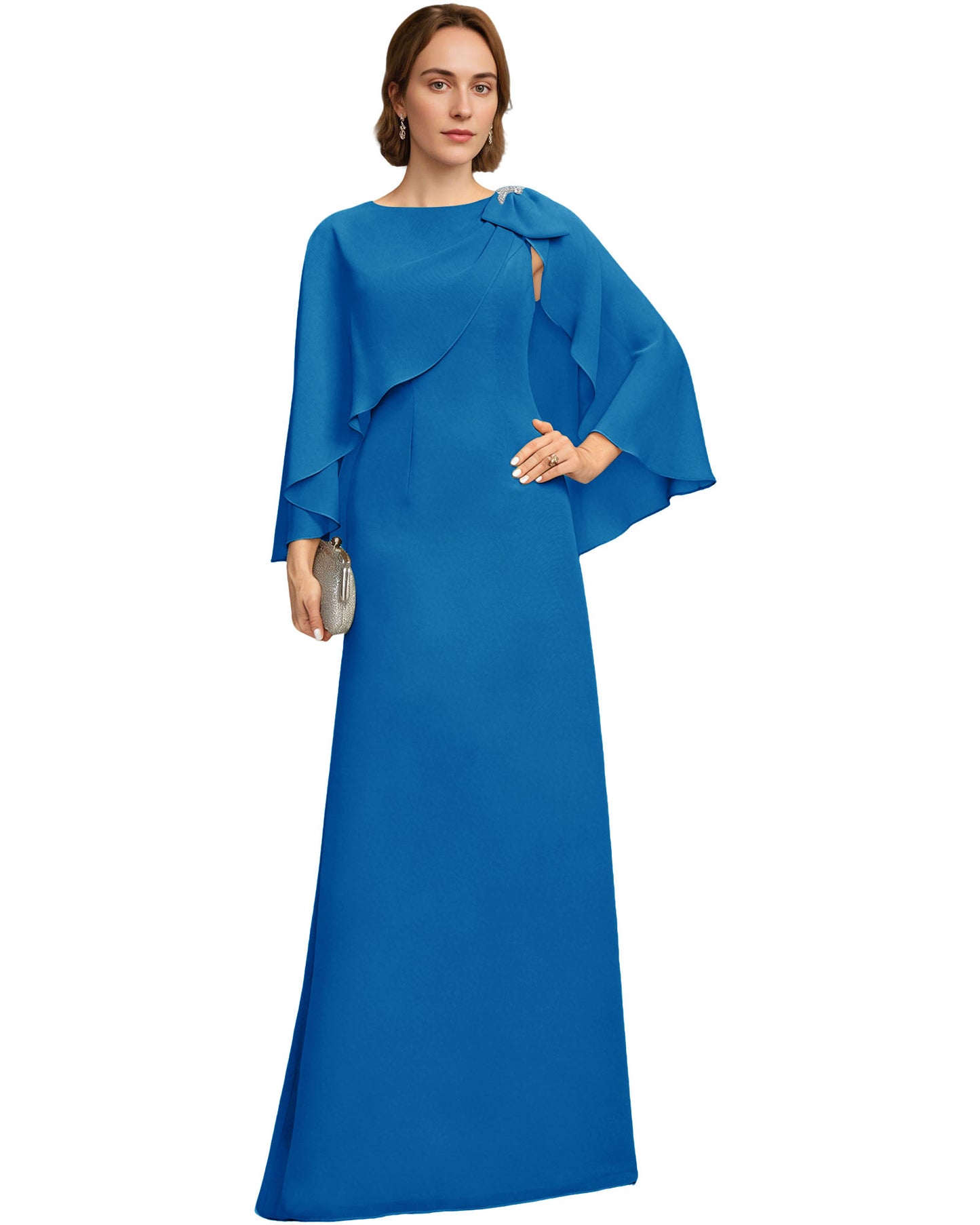 Long Cape Sleeve Mother of the Bride Dress Jewel Neck Chiffon Column Gown with Bow Detail