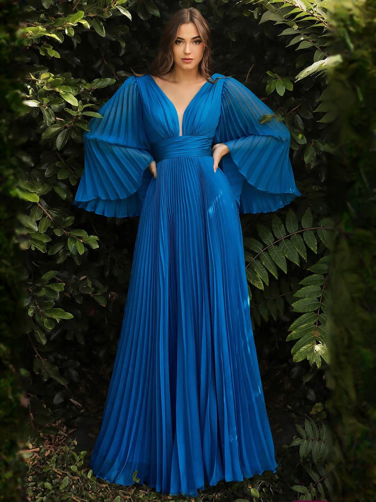 V-Neck Flutter-Sleeve Pleated Chiffon A-Line Formal Dress