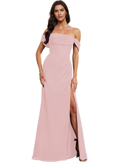 Off Shoulder Crepe Bridesmaid Dress with Foldover Neckline and Slit