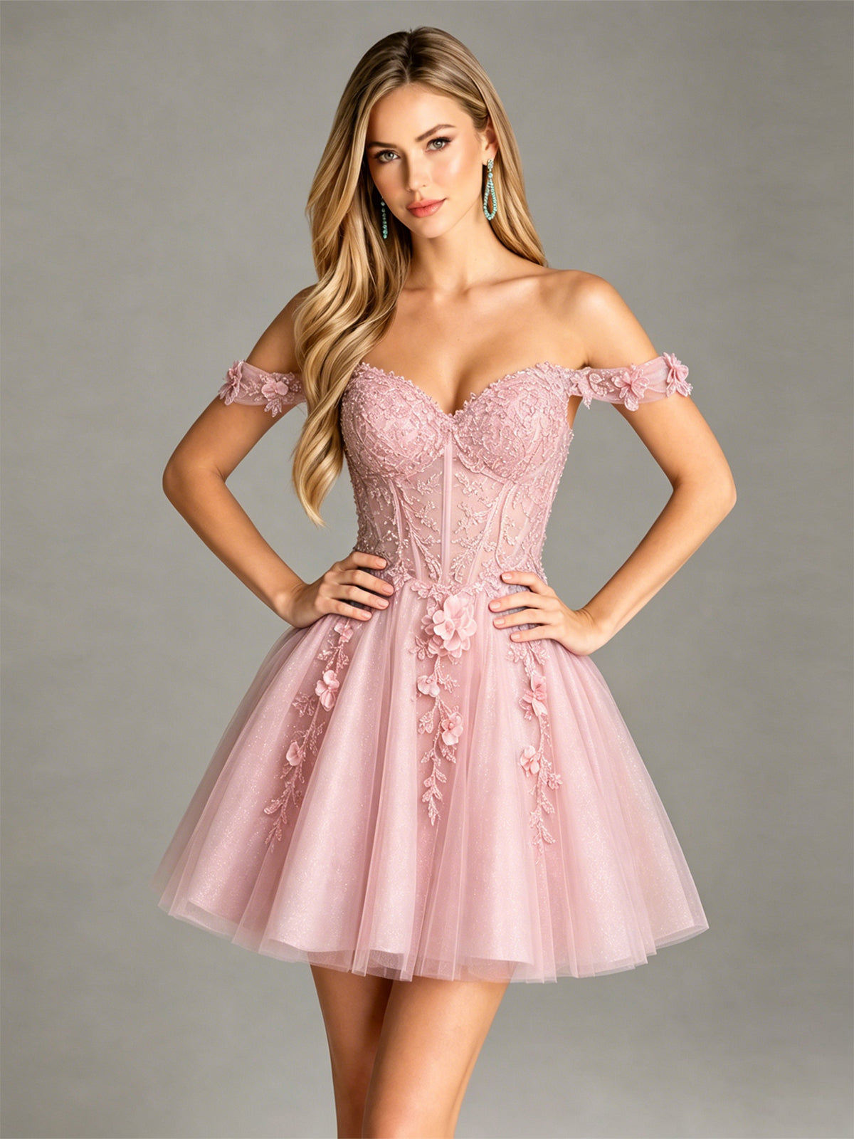 Off Shoulder 3D Floral Corset Glitter Tulle Homecoming Dress