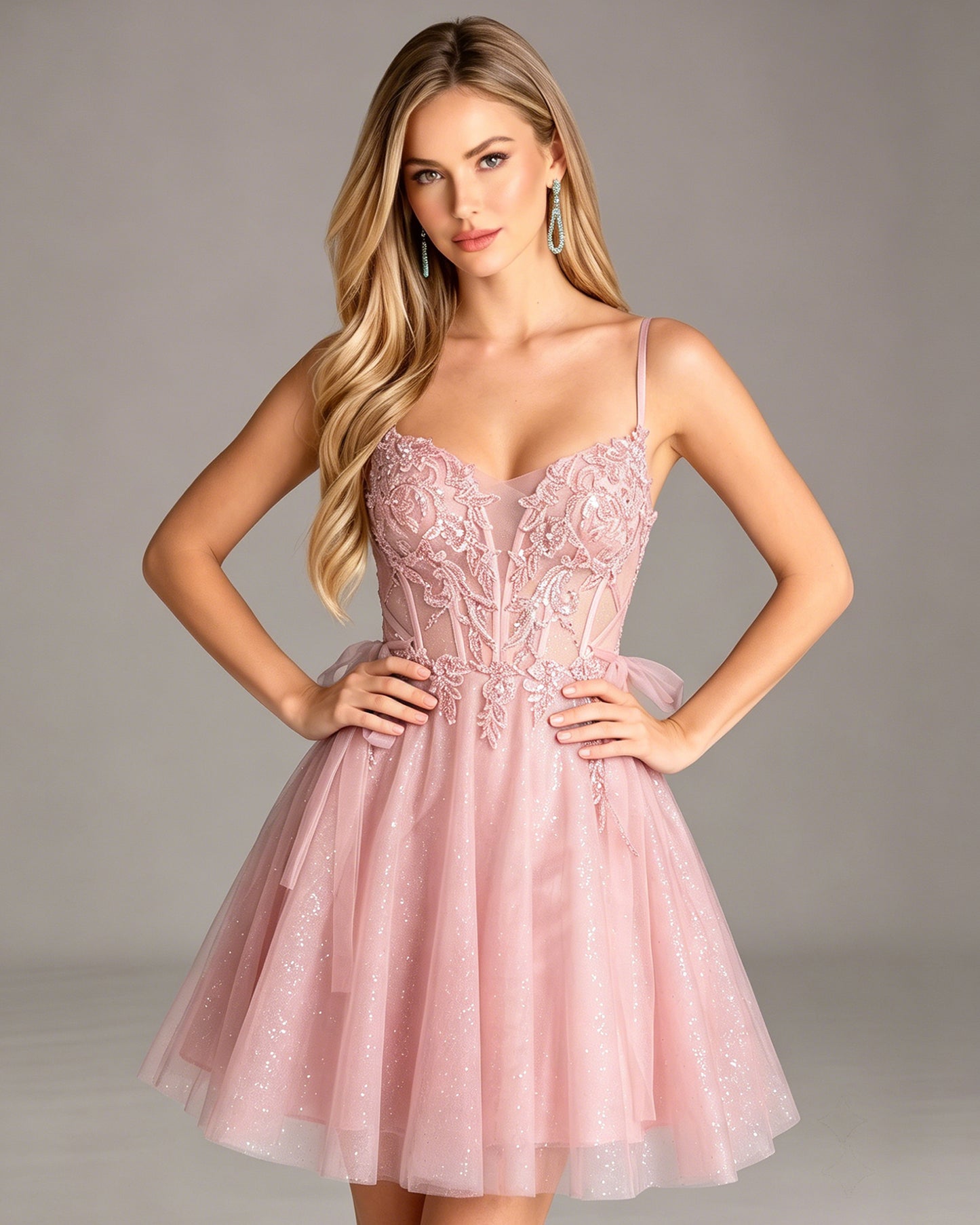 Sheer Corset Lace Applique Glitter Tulle Homecoming Dress