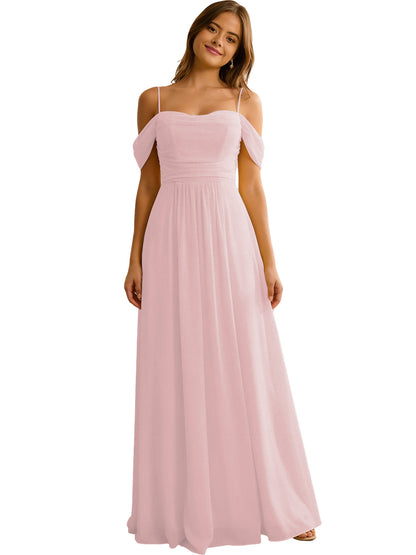 Off Shoulder Chiffon Bridesmaid Dress with Soft Pleated Bodice