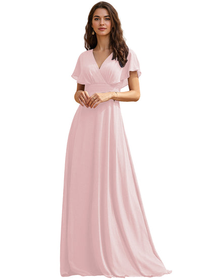 Flutter Sleeve V-Neck Chiffon Bridesmaid Dress with Flowing dress