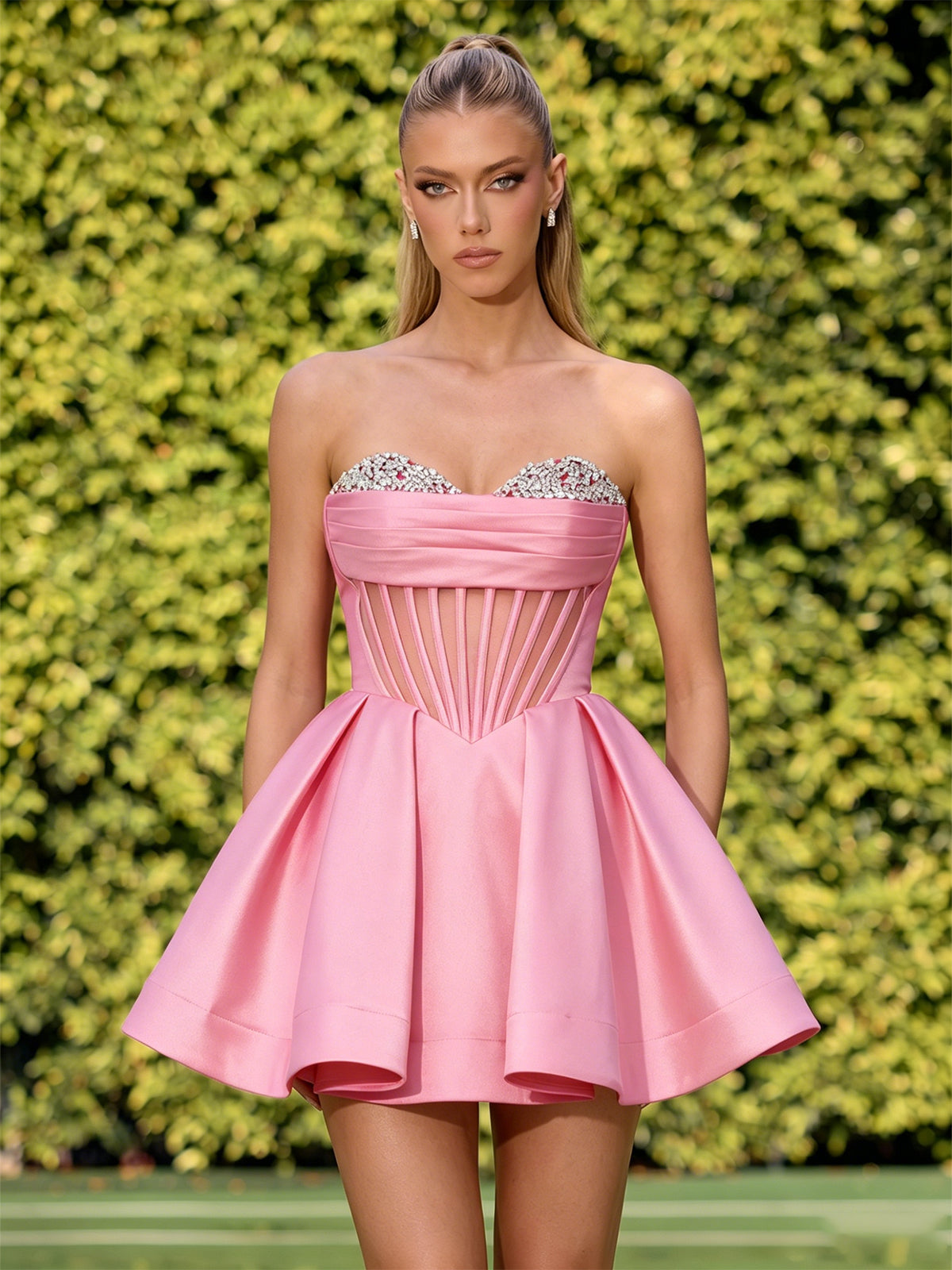 Strapless Crystal Corset Satin A-Line Homecoming Dress