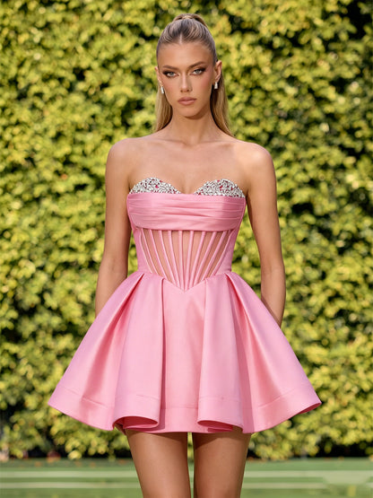 Strapless Crystal Corset Satin A-Line Homecoming Dress