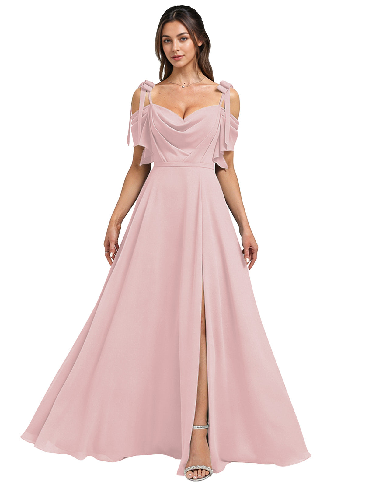 Cowl Neck Cold Shoulder Bridesmaid Dress with High Slit Chiffon Dress