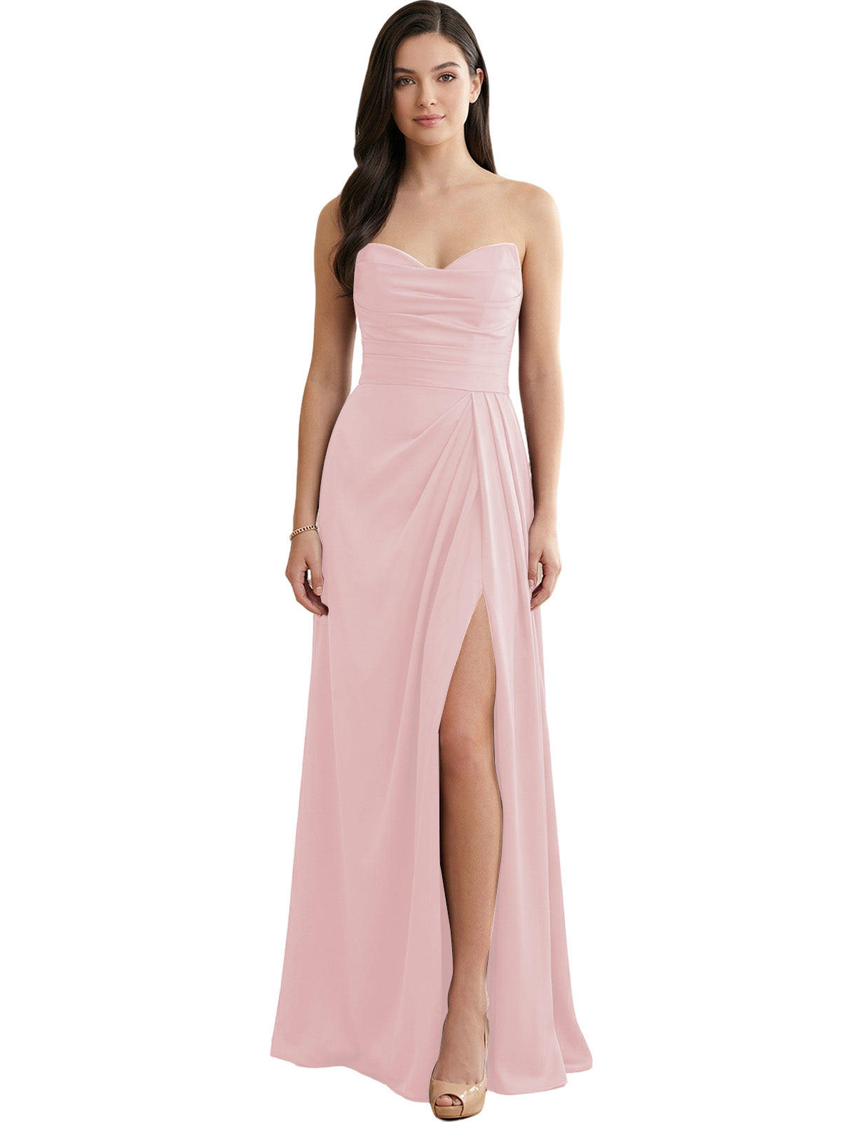 Strapless Pleated Satin Bridesmaid Dress with Side Slit