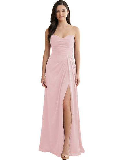 Strapless Pleated Satin Bridesmaid Dress with Side Slit
