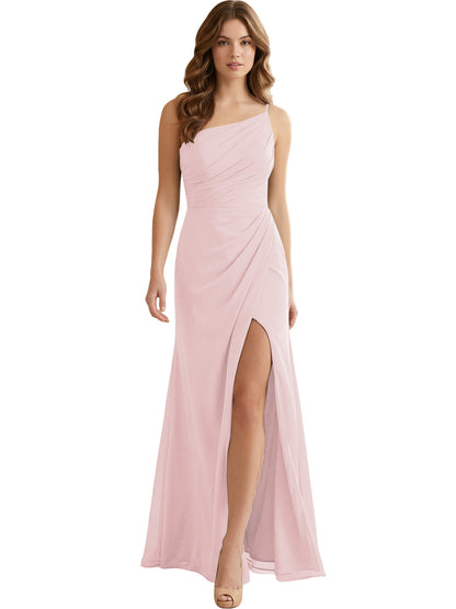 One Shoulder Ruched Chiffon Bridesmaid Dress with Front Slit