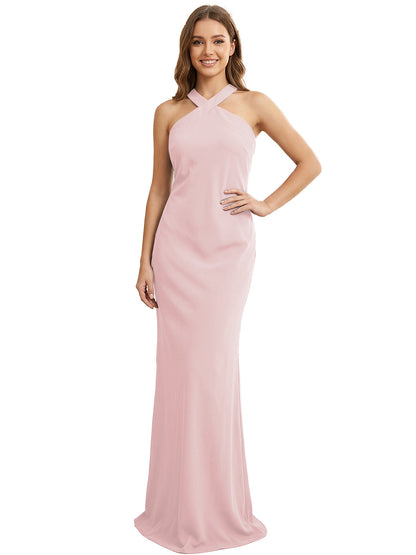 High Neck Halter Bridesmaid Dress with Sleek Column Silhouette