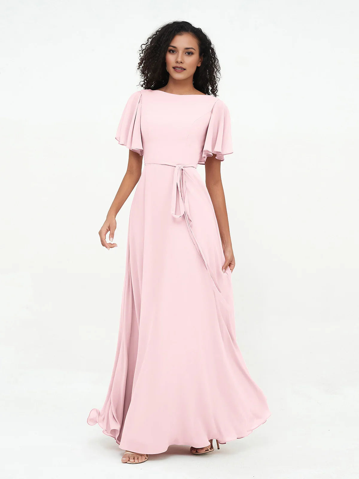 Boat Neck A-Line Maxi Chiffon Bridesmaid Dress for Wedding Reception