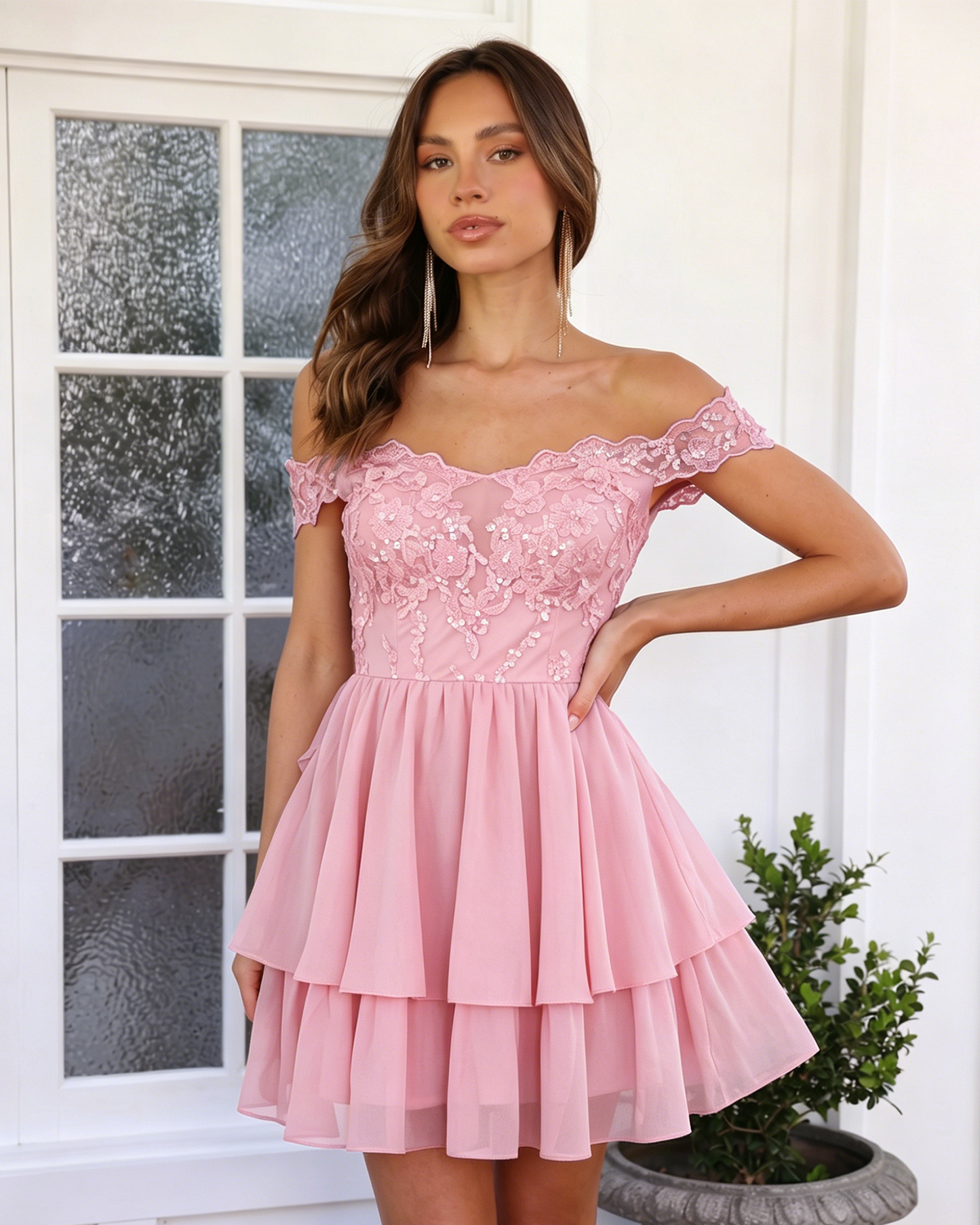 Off Shoulder Lace A-Line Homecoming Dress with Tiered Skirt