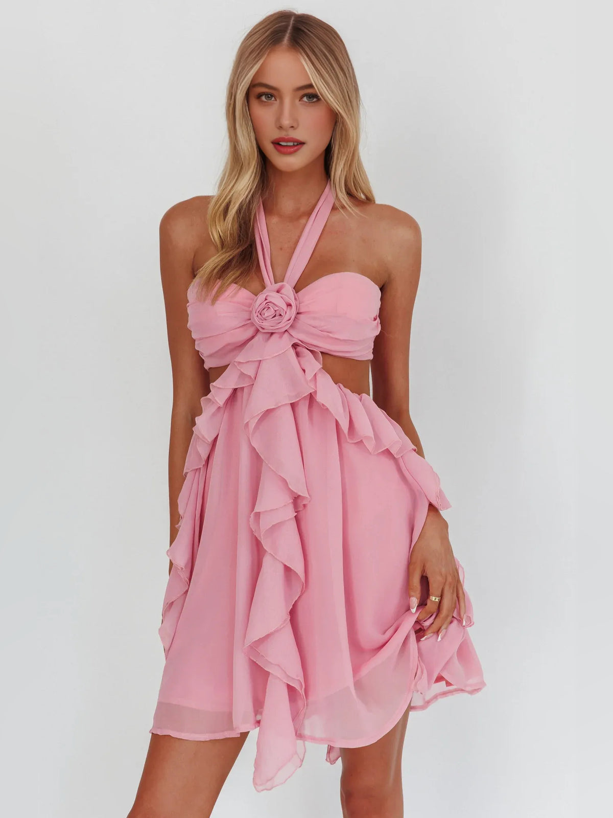 Cut-Out Ruffled Halter Neck Fit-and-Flare Mini Chiffon Homecoming Dress for Ceremony Reception