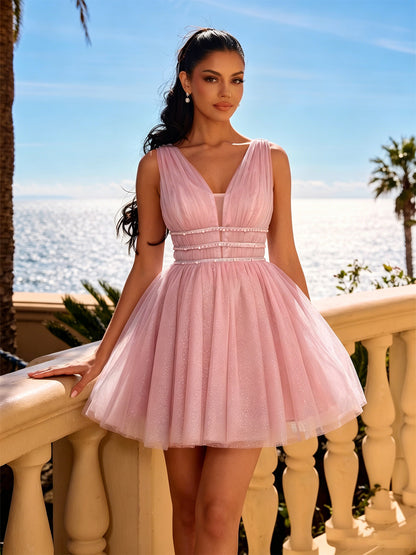 V Neck Beaded Waist Glitter Tulle Homecoming Dress