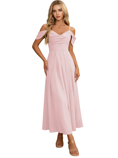 Off Shoulder Midi Bridesmaid Dress with Pleated Bodice and Flowing dress