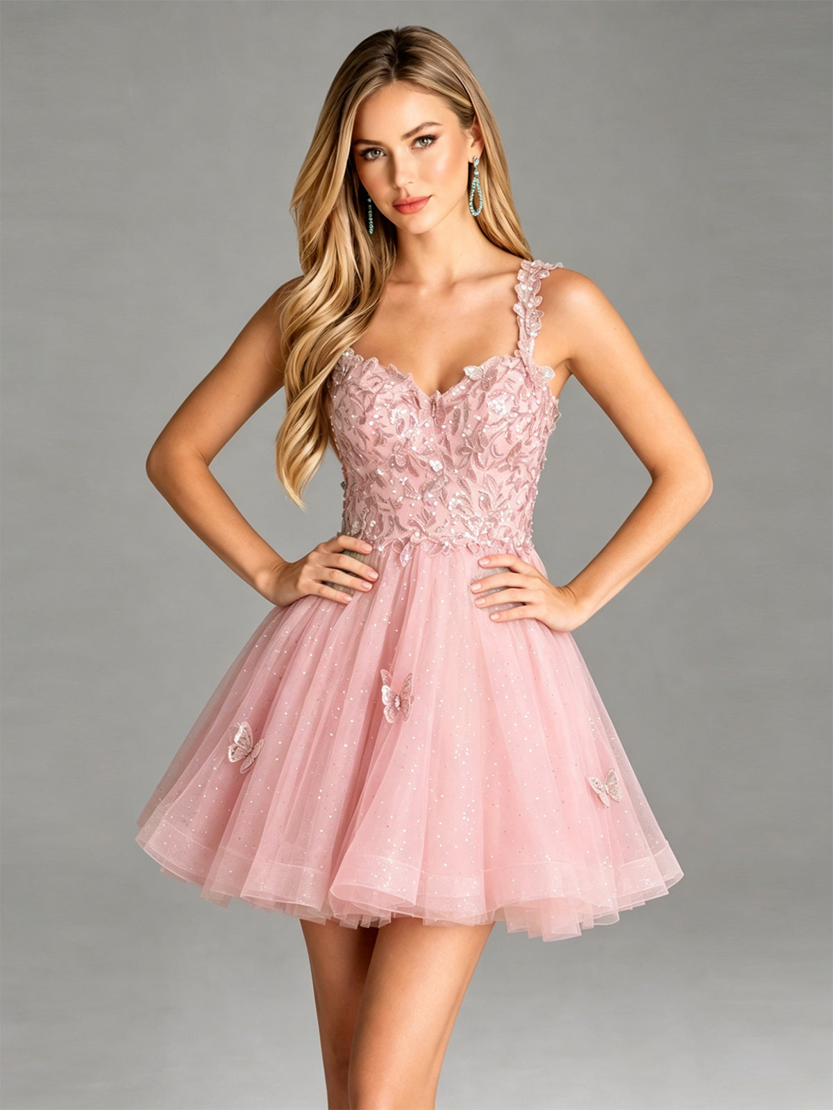 Floral Lace Strap Glitter Tulle Homecoming Dress