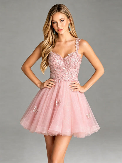Floral Lace Strap Glitter Tulle Homecoming Dress