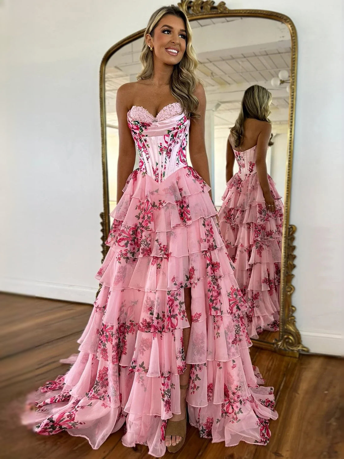 Floral Strapless A-Line Floor-Length Chiffon Prom Dress for Evening Event