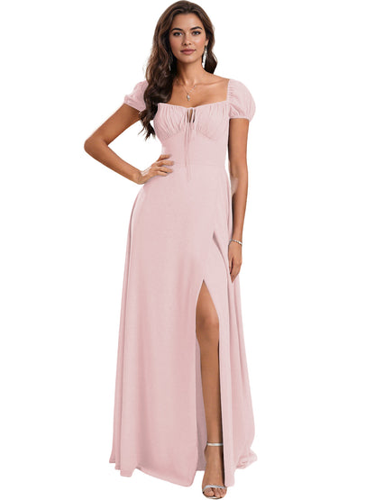 Ruched Short Sleeve Chiffon Bridesmaid Dress with Side Slit