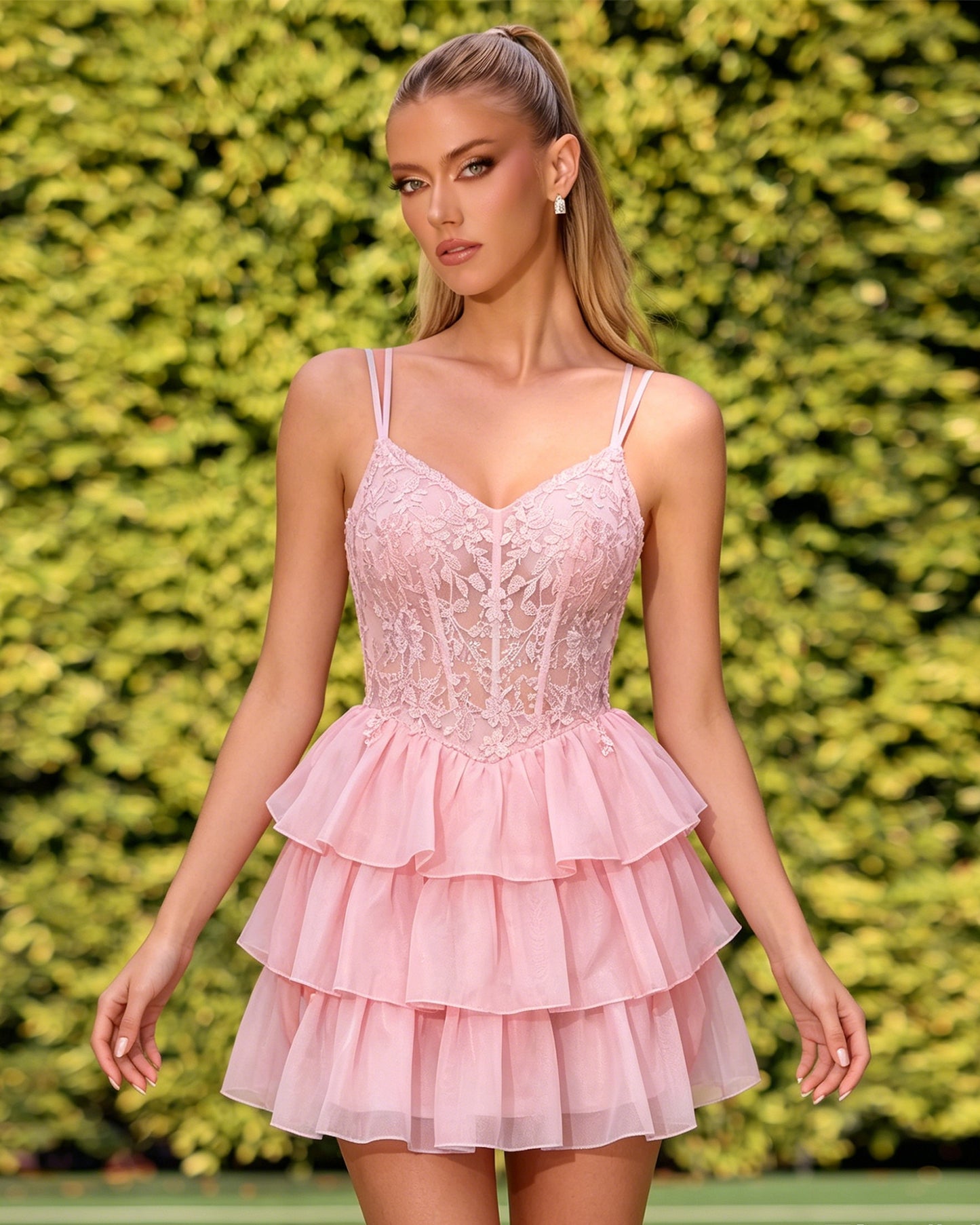 Double Strap Lace Corset Homecoming Dress with Tiered Tulle Skirt