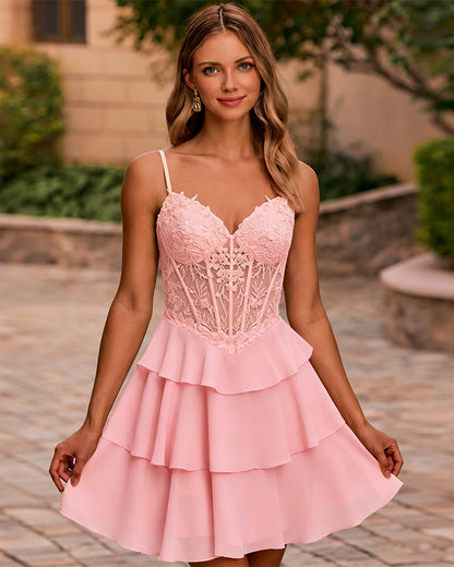 Spaghetti Strap Lace Corset Tiered A-Line Homecoming Dress