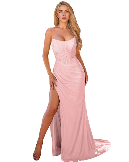 Spaghetti Strap Satin Sheath Prom Dress with Ruched Bodice and Slit