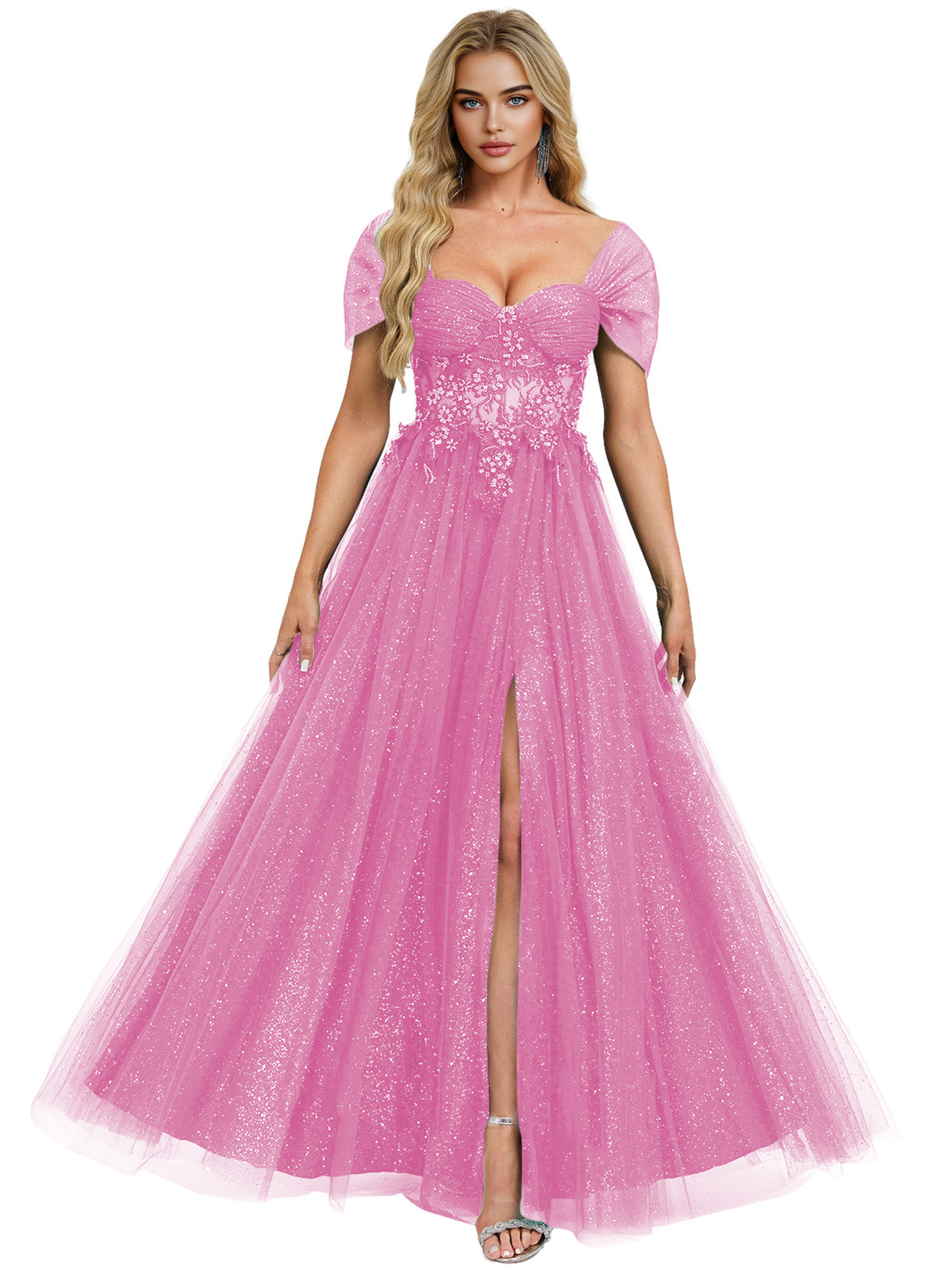 Short Sleeve Glitter Tulle Prom Dress with Illusion Bodice and Slit